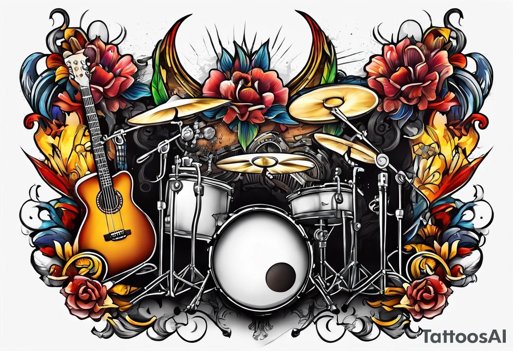 Just 4 fun band with guitar and drums tattoo idea