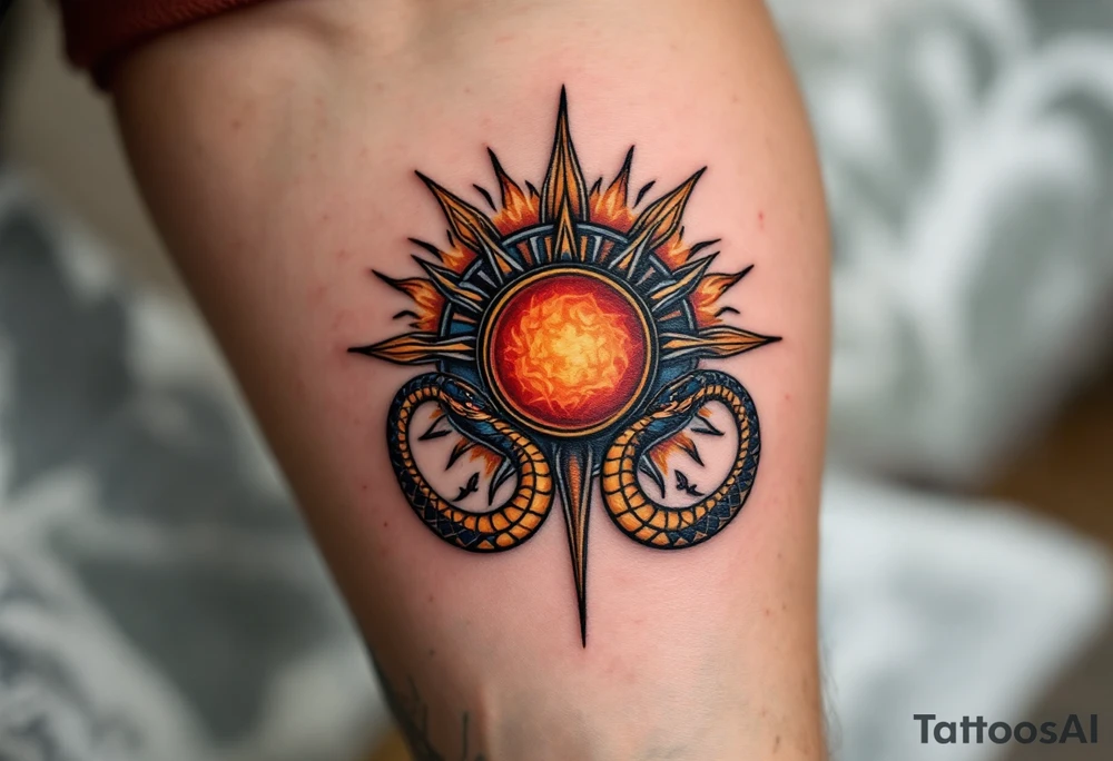 A sun disk of Ra in fiery red and amber, crowned by two protective cobras. tattoo idea