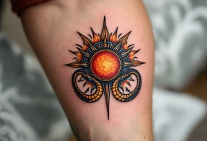 A sun disk of Ra in fiery red and amber, crowned by two protective cobras. tattoo idea