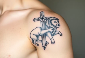 cross  with lion and the lamb background tattoo idea