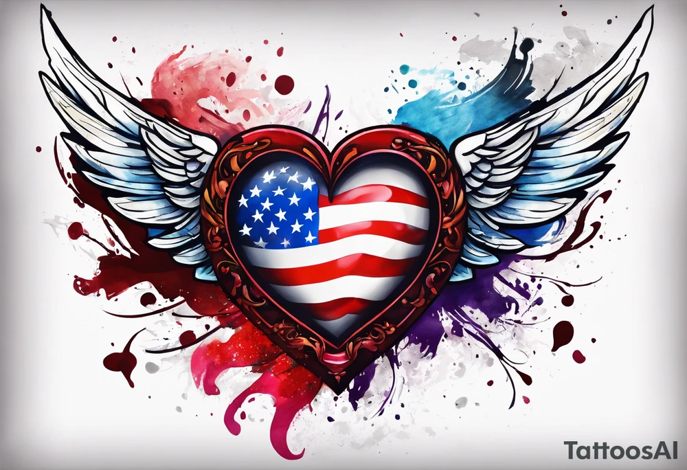 Flag inside of a heart with wings tattoo idea