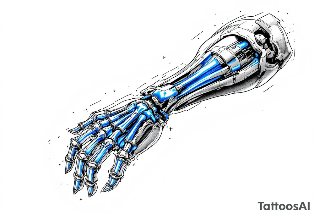 A transparent overlay effect showing the hand's inner mechanical structure, with shimmering metallic blue bones and joints. tattoo idea