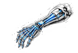 A transparent overlay effect showing the hand's inner mechanical structure, with shimmering metallic blue bones and joints. tattoo idea