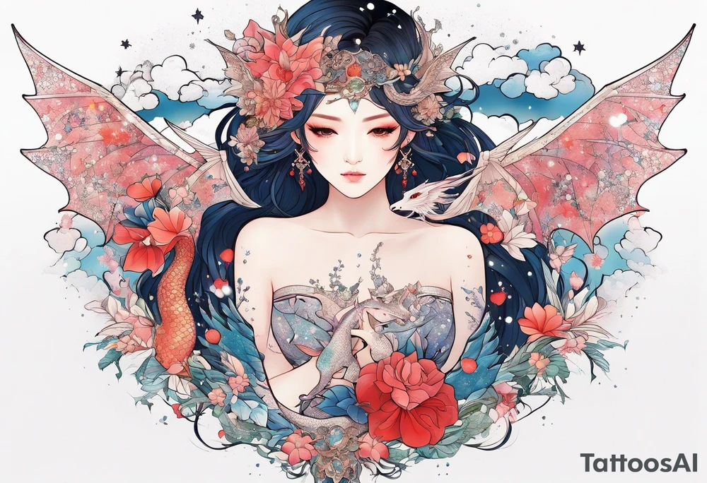 Constellation, wing , snow , cross , dragon female japan kawaii , flower tattoo idea