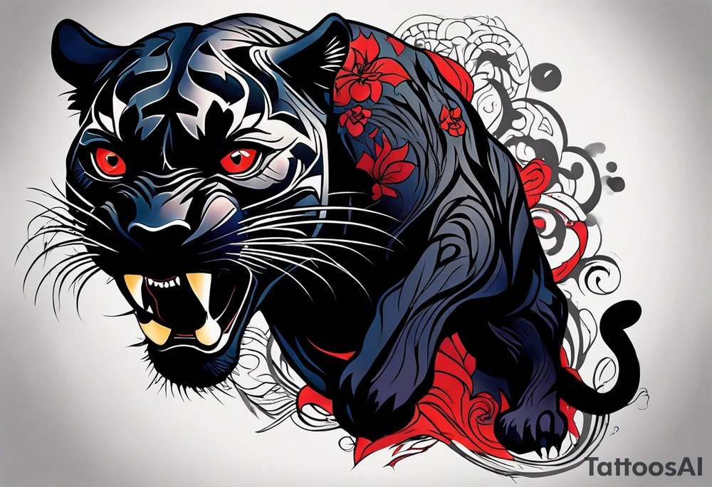 unique black panther tattoo, dynamic pose, showcasing its strength and grace, striking red eyes, intense and captivating elements, artistic flair, blending realism with abstract elements tattoo idea