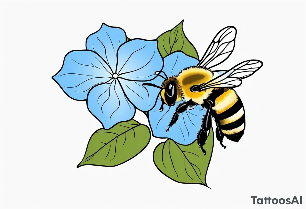 3 in by 2 in minimalist tattoo for forearm of a blue Hydrangea and a very small bee. tattoo idea
