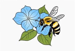 3 in by 2 in minimalist tattoo for forearm of a blue Hydrangea and a very small bee. tattoo idea