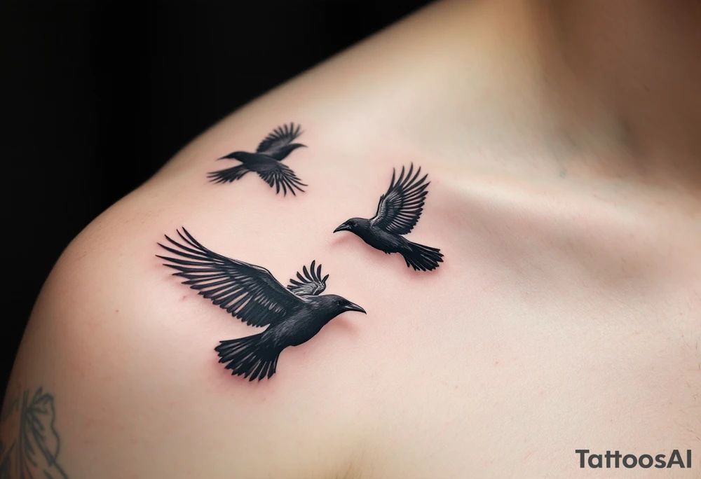 Three Crows in Flight – Trio of crows flying in different directions, representing past, present, and future. Done in pure black ink with delicate dotwork shadows. tattoo idea