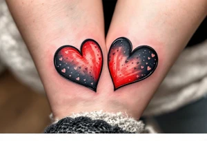 Two half-heart tattoos in black with red tips that form a full heart when partner shoulders are side by side tattoo idea