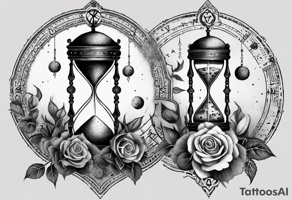 I want a design for printing on t-shirts, the design is an hourglass with a hand clock in the middle with Amazigh numbers, and these two main elements are mixed with thorny roses and planets tattoo idea