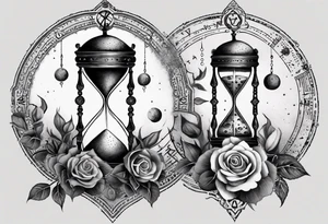 I want a design for printing on t-shirts, the design is an hourglass with a hand clock in the middle with Amazigh numbers, and these two main elements are mixed with thorny roses and planets tattoo idea