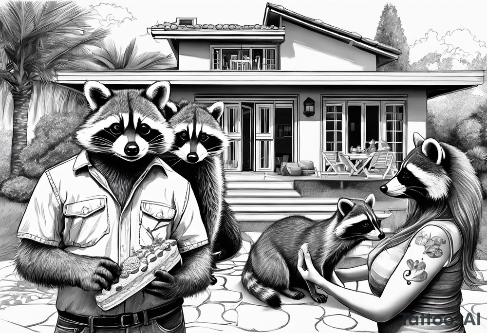 Raccoon Family in Front of her New villa with Pool.
The Husband hast Tools in His Hands.
The wife holds a cake.
The Childs plays with a ball tattoo idea