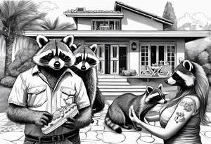 Raccoon Family in Front of her New villa with Pool.
The Husband hast Tools in His Hands.
The wife holds a cake.
The Childs plays with a ball tattoo idea