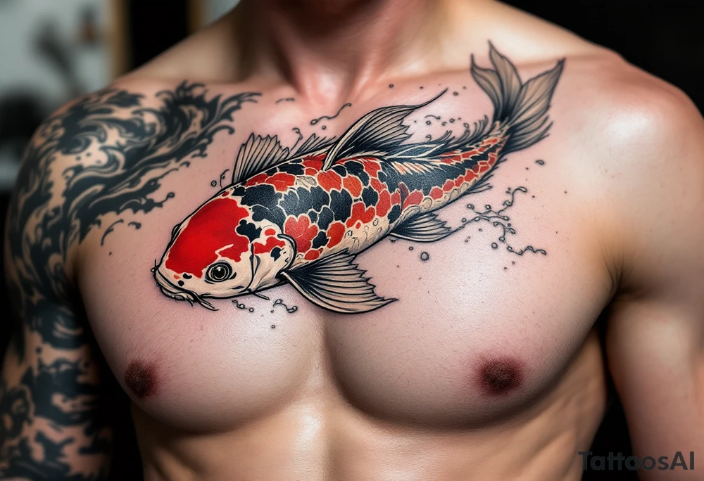 Red and Black Koi Swimming Upstream – A powerful koi in vivid red and inky black tones, symbolizing perseverance and courage, set against swirling water currents. tattoo idea