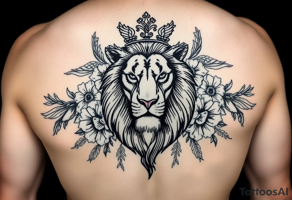 powerful majestic lion with a crown, surrounded by floral ornaments and birds tattoo idea