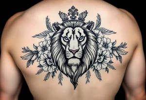 powerful majestic lion with a crown, surrounded by floral ornaments and birds tattoo idea