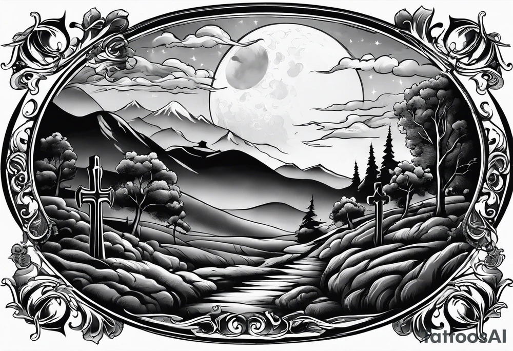 Graveyard with moon and smoke  on hills tattoo idea
