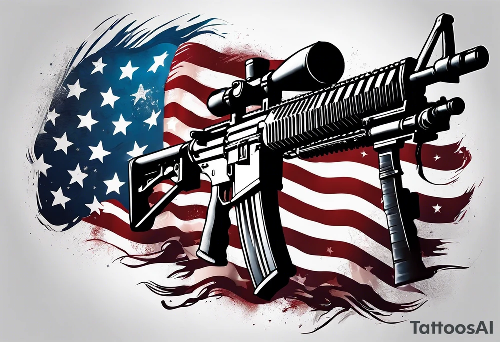American flag with a machine gun in front of it tattoo idea