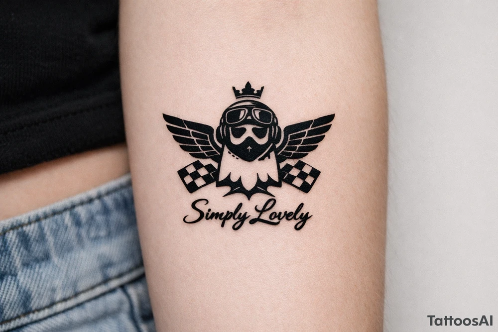 Create a 5 × 5 cm black ink tattoo combining the Koenigsegg Ghost logo, inspired by the Swedish flying squadron tribute, with the phrase **“Simply Lovely”** written underneath. tattoo idea
