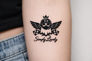 Create a 5 × 5 cm black ink tattoo combining the Koenigsegg Ghost logo, inspired by the Swedish flying squadron tribute, with the phrase **“Simply Lovely”** written underneath. tattoo idea