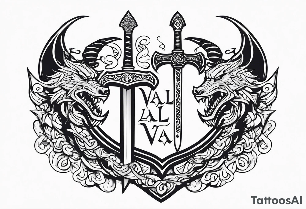Valhalla sword shield dragon axe viking church tattoo idea