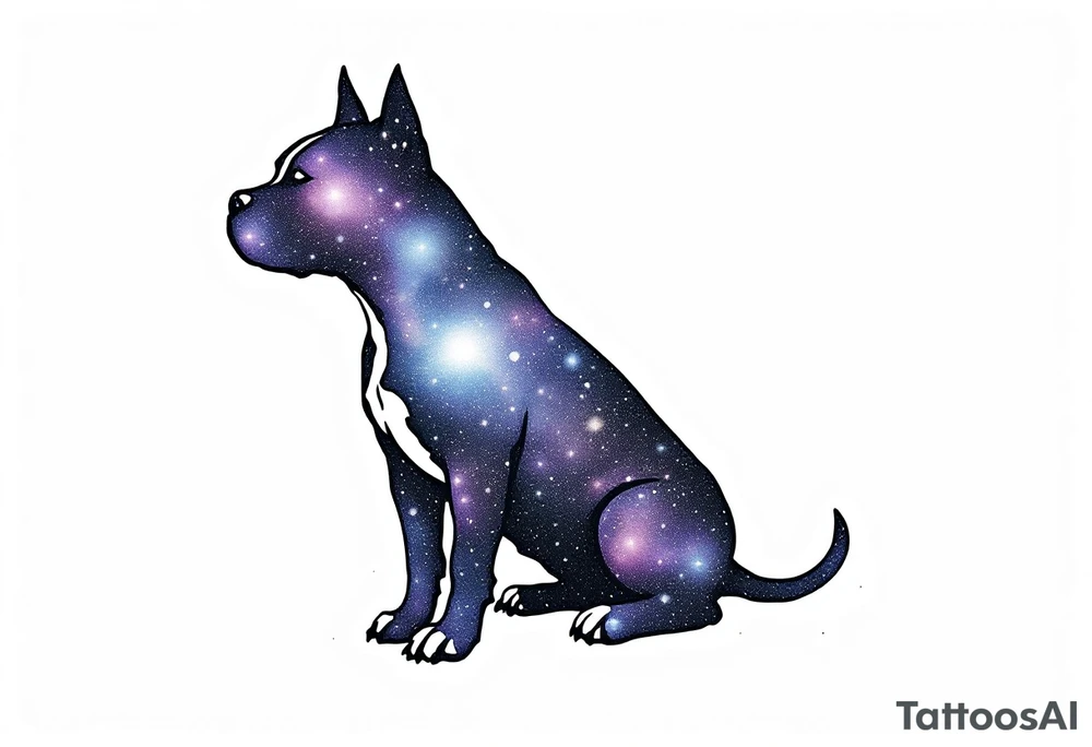 Galaxy Staffbull Silhouette
Silhouette of a sitting Staffbull filled with a galaxy pattern—purple, navy, and starry white dots. Abstract and dreamy. tattoo idea