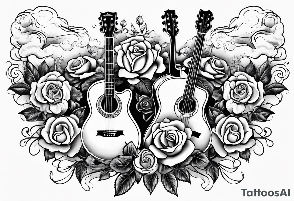 guitar piano and trumpet surrounded by clouds and roses tattoo idea