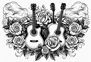 guitar piano and trumpet surrounded by clouds and roses tattoo idea