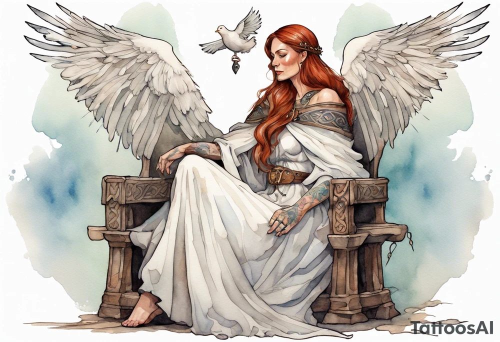 a 45-year-old medieval woman with auburn hair wearing a white feather cloak sitting on a throne with one dove perched on her shoulder tattoo idea