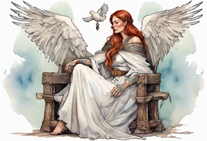 a 45-year-old medieval woman with auburn hair wearing a white feather cloak sitting on a throne with one dove perched on her shoulder tattoo idea