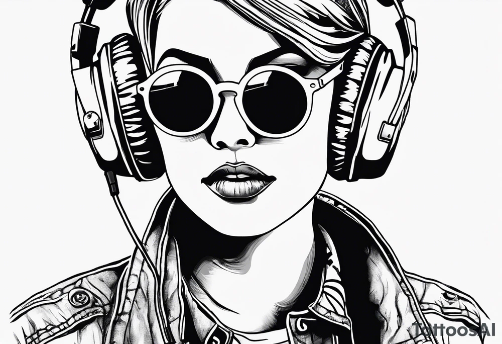 Outline sketch of me with round sunglasses and listening to a tape cassette tattoo idea