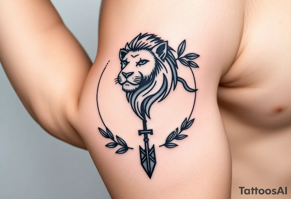 make me a a Leo zodiac with an arrow coming out down and two sides surrounded by an olive tree leaf tattoo idea