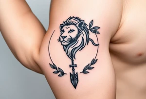 make me a  a Leo zodiac  with an arrow coming out down and two sides surrounded by an olive tree leaf tattoo idea