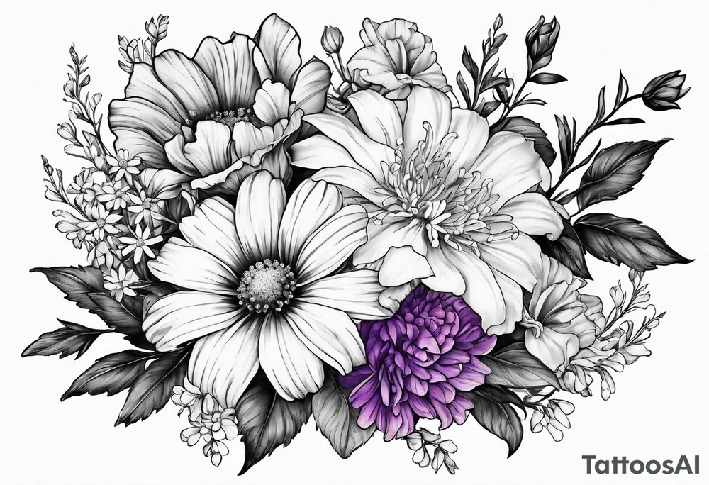 Floral bouquet with one larkspur, one carnation, one violet and one daisy tattoo idea
