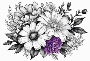 Floral bouquet with one larkspur, one carnation, one violet and one daisy tattoo idea
