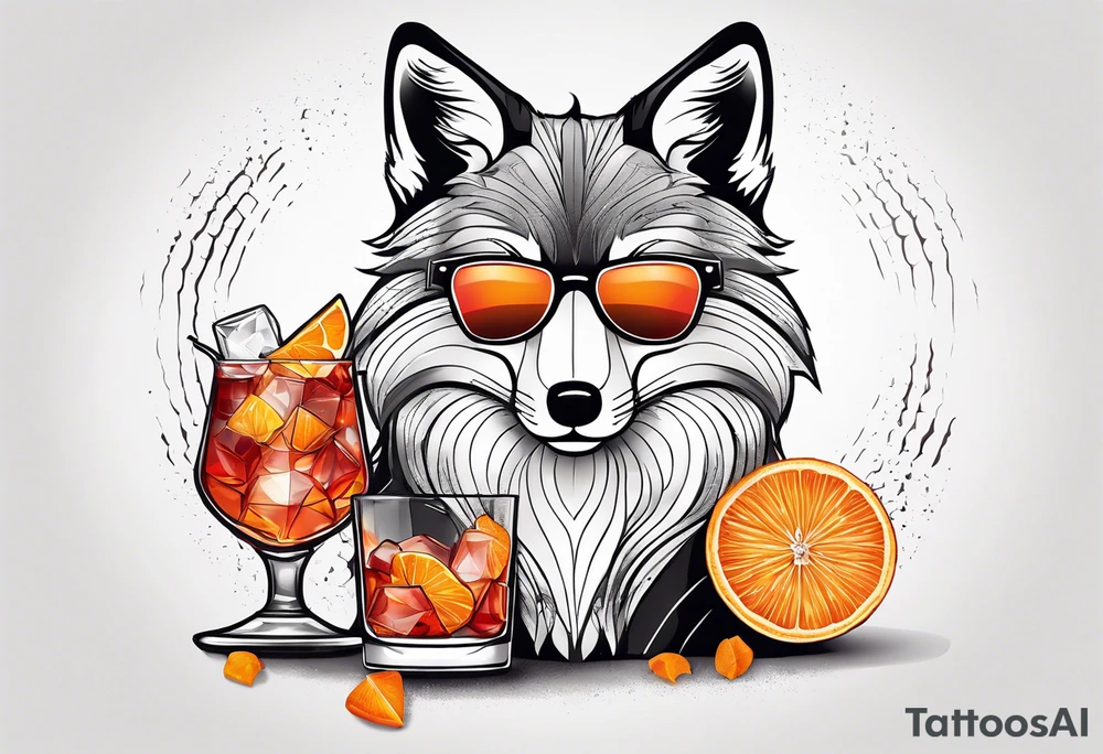 Adult male black and white fox with Negroni in lowball cocktail glass with ice and orange peel with disco background tattoo idea