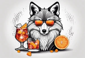 Adult male black and white fox with Negroni in lowball cocktail glass with ice and orange peel with disco background tattoo idea