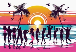 1980's miami vice style beach dance 
party, include confetti, music notes, boom box, SILHOUETTE bikinis sunset in the center tattoo idea