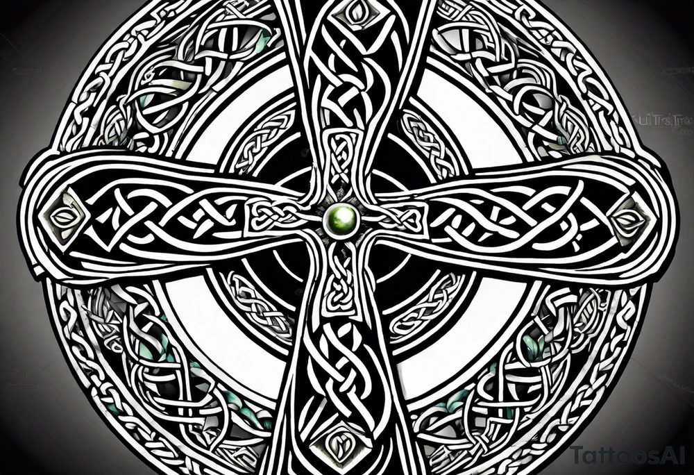 Celtic cross, shamrock in center of cross, one Indian feather hanging from each side arm of cross tattoo idea