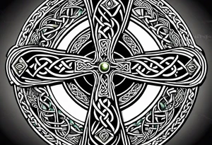 Celtic cross, shamrock in center of cross, one Indian feather hanging from each side arm of cross tattoo idea