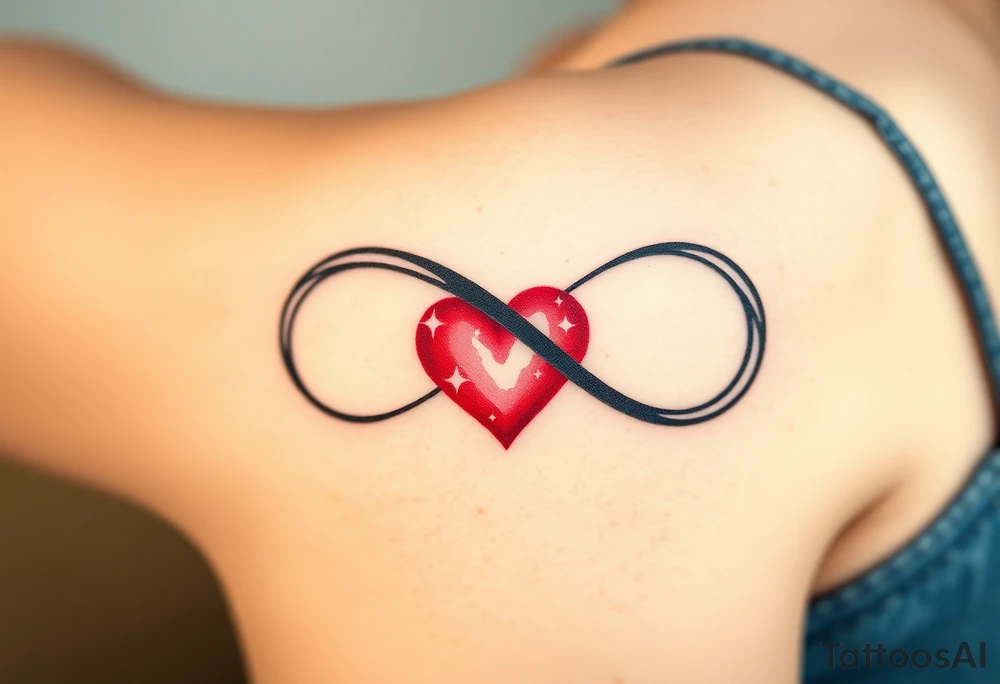 A sleek black infinity symbol intertwined with a delicate red heart, symbolizing everlasting love with a modern touch tattoo idea