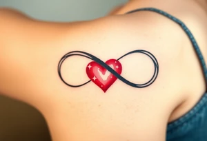A sleek black infinity symbol intertwined with a delicate red heart, symbolizing everlasting love with a modern touch tattoo idea
