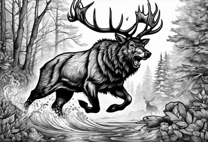 Hunter hunting deer being chased by a bear tattoo idea