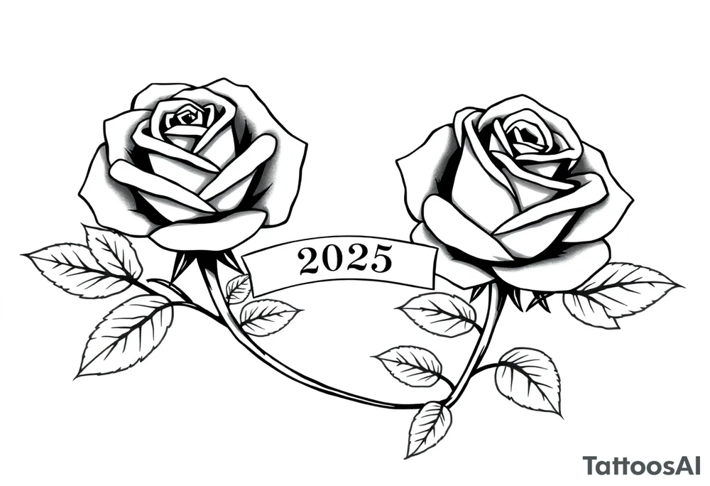 two beautiful large rose buds, one larger than the other, with many leaves next to the rose buds, with one sitting higher than the other. Include a banner connecting the two roses with the year 2025 on it.   Use dark outlines with little shading. The two stems should be short, not long, and connect and join into one stem, whimsically curved or twisted - not straight down. tattoo idea