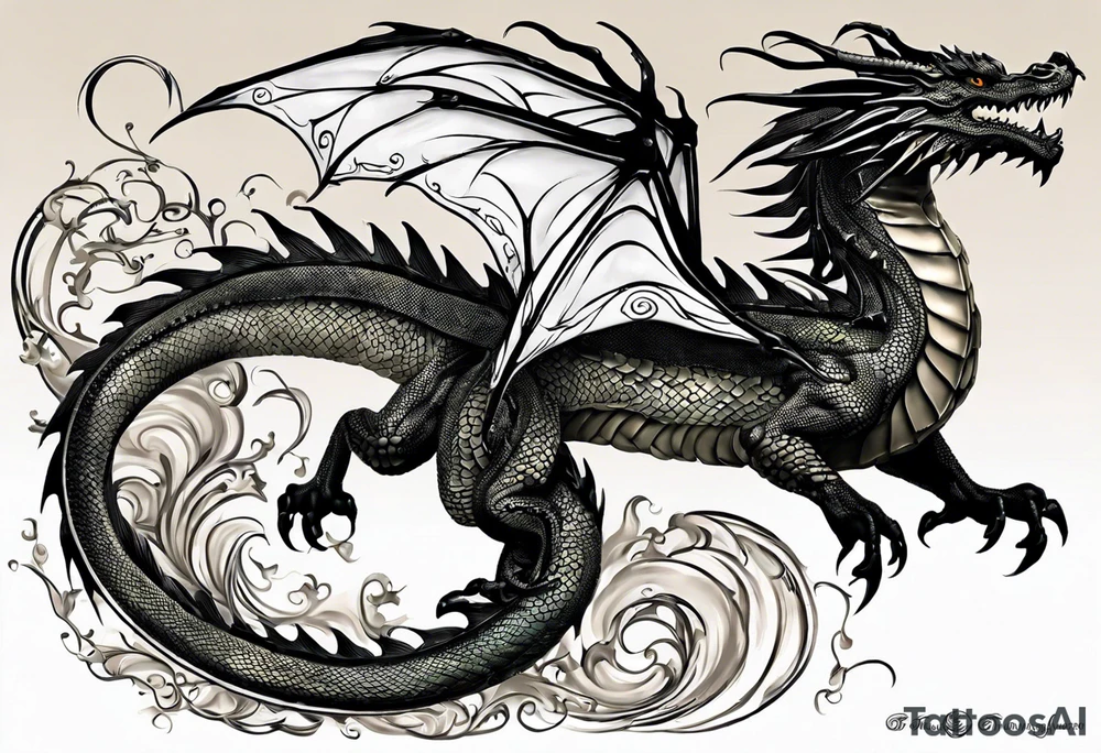 design a water dragon tattoo with spread wings that wraps around a bicep
Dragon Shape: The dragon will be serpentine, with a long, sinuous body that can easily wrap around the bicep.
Wings: The wings will be spread wide, with intricate, flowing details that mimic water currents.
Water Elements: The dragon's scales and wings will have water-like patterns, with splashes and waves incorporated into the design.
Positioning: The dragon's head will be prominent, positioned towards the front of the bicep, with the body and tail wrapping around, creating a dynamic, flowing motion. tattoo idea