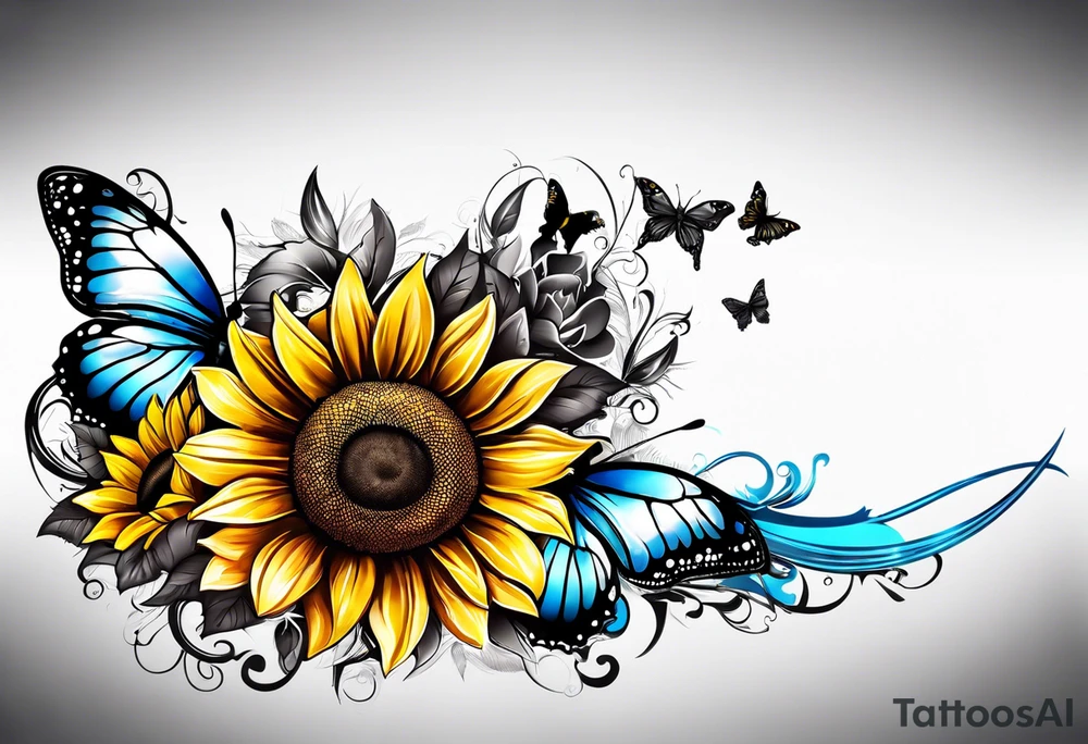 Arm sleeve with Winged cross with sunflower and butterflies tattoo idea