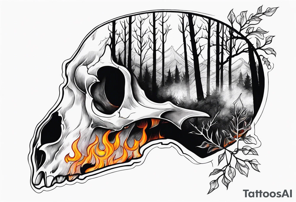 Scary side profile of a DECAYING deer skull JUST BONE surrounded by a flames and trees in background tattoo idea