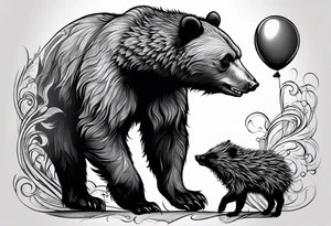 a big growling bear and a tiny hedgehog that stands hand has a balloon is his hands
 together. tattoo idea