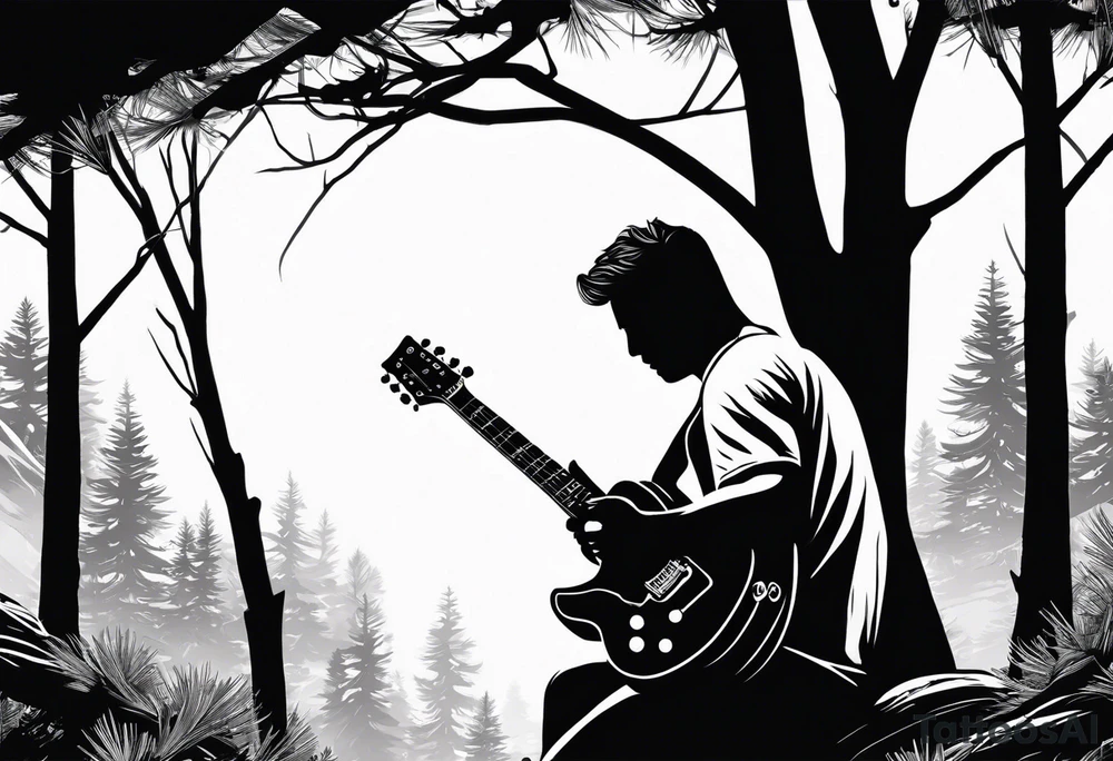 silhouette of a man sitting in a pine tree playing electric guitar tattoo idea