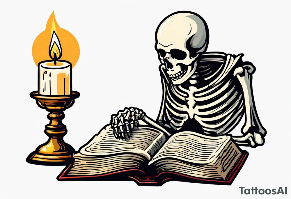 skeleton reading a holy bible by candle light tattoo idea